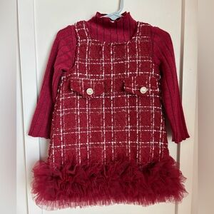 Boutique Style Tweed Dress with Ruffle Tulle Hem and Long Sleeve Mock Neck Top